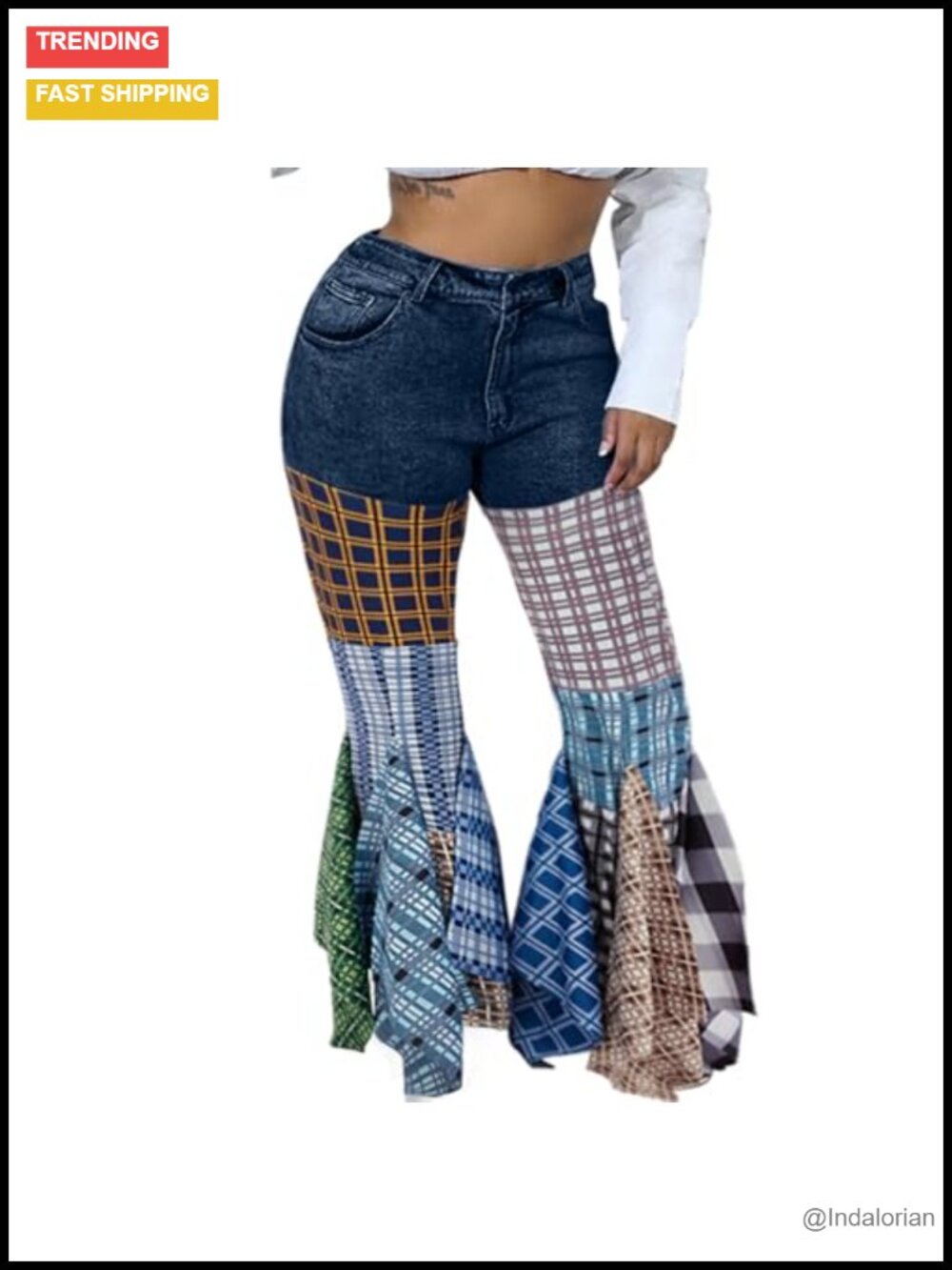 High Waist Plaid Patchwork Flare Jeans Ruffle Hem Stretch Denim Pants